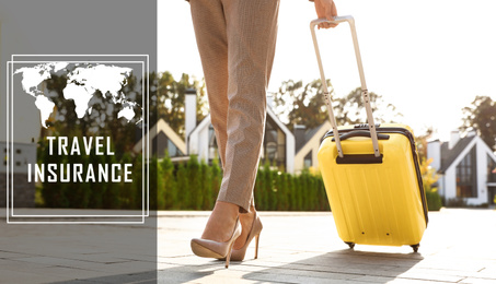 Young woman with yellow suitcase outdoors. Travel insurance