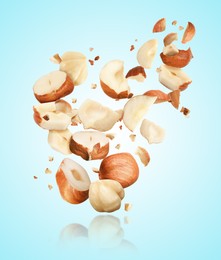 Pieces of tasty hazelnuts falling on light blue background
