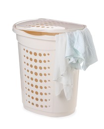 Photo of Plastic laundry basket with garment isolated on white