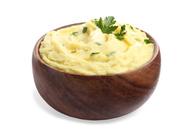 Photo of Bowl of freshly cooked mashed potatoes with parsley isolated on white