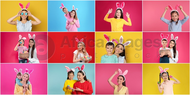 Collage photos of people wearing bunny ears headbands on different color backgrounds. Happy Easter