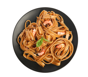 Photo of Tasty buckwheat noodles with shrimps on white background, top view