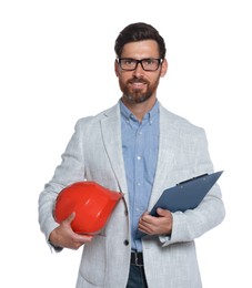 Professional engineer with hard hat and clipboard isolated on white