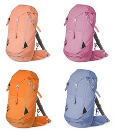 Different hiking backpacks on white background, collage