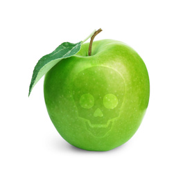 Green poison apple with skull image on white background