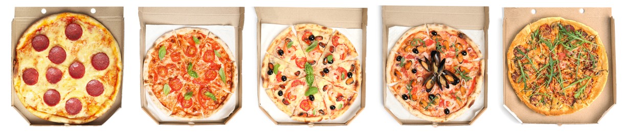 Set with different delicious hot pizzas in cardboard boxes on white background, banner design. Food delivery