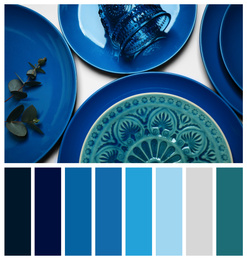 Flat lay composition inspired by color of the year 2020 (Classic blue) on white background