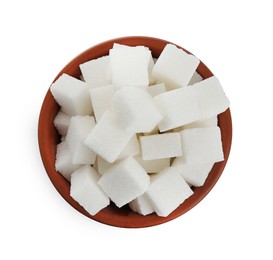 Bowl with cubes of refined sugar isolated on white, top view