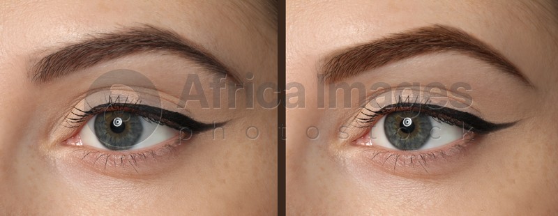 Collage with photos of woman before and after eyebrow dyeing with henna, closeup. Banner design