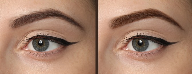 Collage with photos of woman before and after eyebrow dyeing with henna, closeup. Banner design