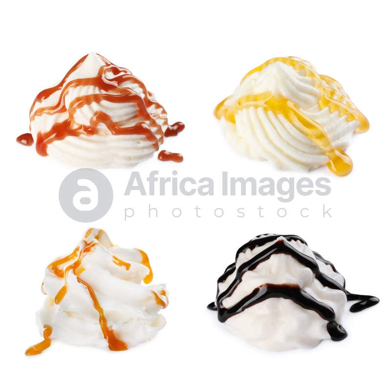 Set of delicious fresh whipped cream with syrups on white background