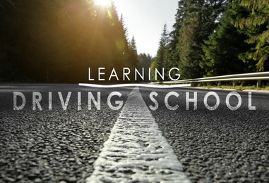 Driving school concept. Closeup view of asphalt road surrounded by forest on sunny day