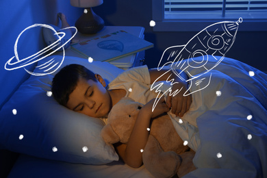 Sweet dreams. Cute little boy sleeping in bed. Spaceship, stars and planet illustrations on foreground