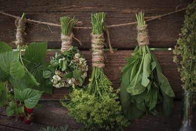 Photo of Bunches of different beautiful dried flowers hanging on rope near wooden wall