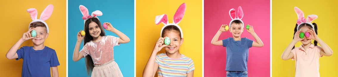 Collage photos of cute children wearing bunny ears headbands on different color backgrounds, banner design. Happy Easter