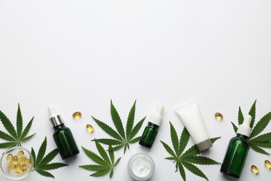 Flat lay composition with hemp leaves, CBD oil and THC tincture on white background, space for text