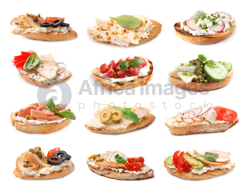 Image of Set of toasted bread with different toppings on white background
