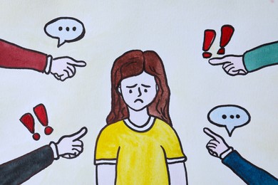 Drawing of people bullying sad woman, closeup