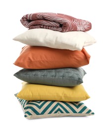 Photo of Stylish soft pillows and blanket on white background