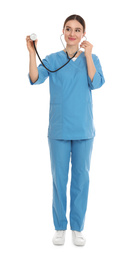Full length portrait of doctor with stethoscope on white background