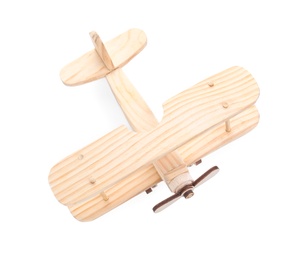 Photo of Wooden toy plane isolated on white, top view