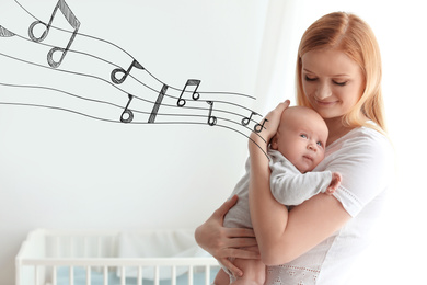Flying music notes and young mother and her baby at home. Lullaby songs 