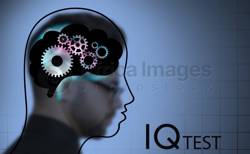 Illustrated head with brain and blurred view of man on color background. IQ test