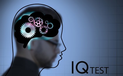 Image of Illustrated head with brain and blurred view of man on color background. IQ test