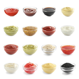 Image of Set of different delicious sauces and condiments on white background