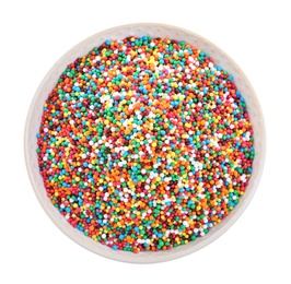 Colorful sprinkles in bowl on white background, top view. Confectionery decor