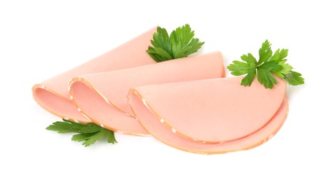 Slices of delicious boiled sausage with parsley on white background