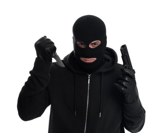 Photo of Man wearing black balaclava with knife and gun on white background