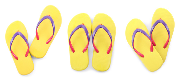 Image of Collage with beach slippers on white background, top view. Banner design