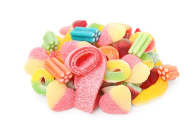 Pile of different jelly candies on white background