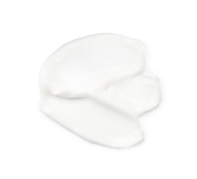Sample of face cream on white background, top view