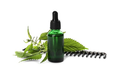 Photo of Stinging nettle extract in bottle, green leaves and comb on white background. Natural hair care