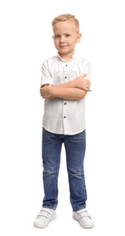 Full length portrait of cute little boy on white background