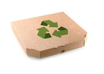 Cardboard pizza box with recycling symbol on white background 
