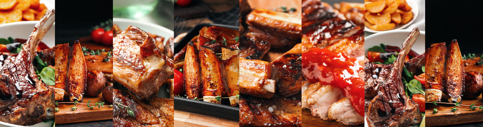 Collage with different photos of delicious grilled meat. Banner design 