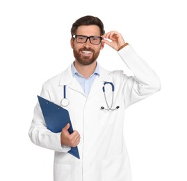 Doctor with stethoscope and clipboard on white background
