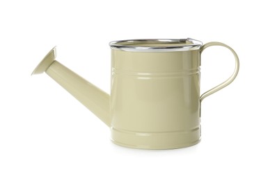 Photo of Beige metal watering can isolated on white