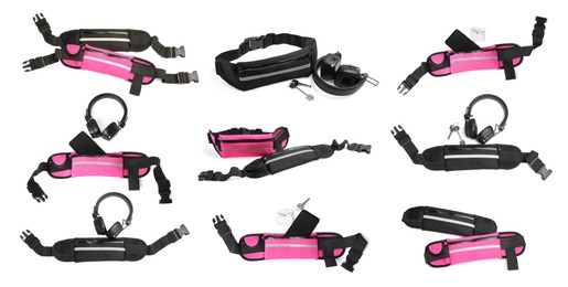 Image of Collage with stylish waist bags (running belts) on white background