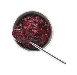 Delicious beetroot puree and spoon in bowl isolated on white, top view. Healthy food