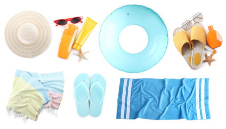 Image of Set of beach objects on white background, top view. Banner design