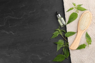 Photo of Stinging nettle leaves, extract, towel and brush on black background, flat lay with space for text. Natural hair care