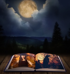 Fantasy world. Open book of fairytales with witch and black crow on pages