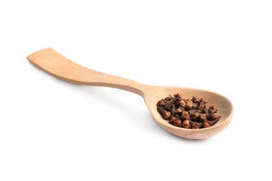 Wooden spoon with aromatic dry cloves isolated on white