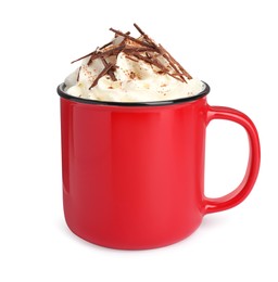Photo of Glass cup of delicious hot chocolate with whipped cream on white background