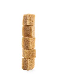 Stack with cubes of brown sugar on white background