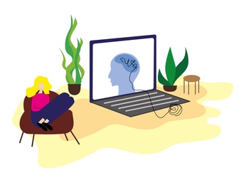 Illustration of Online psychological service. Woman sitting in armchair near laptop, illustration